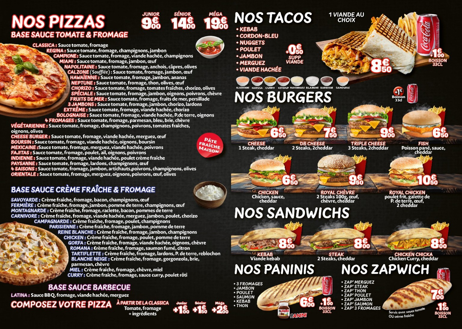 Carte Taco Pizza — pizzas, tacos, burgers et sandwiches