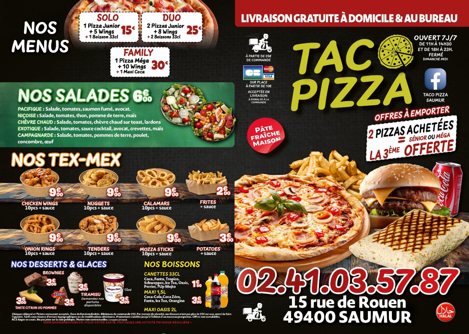 Carte Taco Pizza — menus, salades, Tex-Mex et boissons
